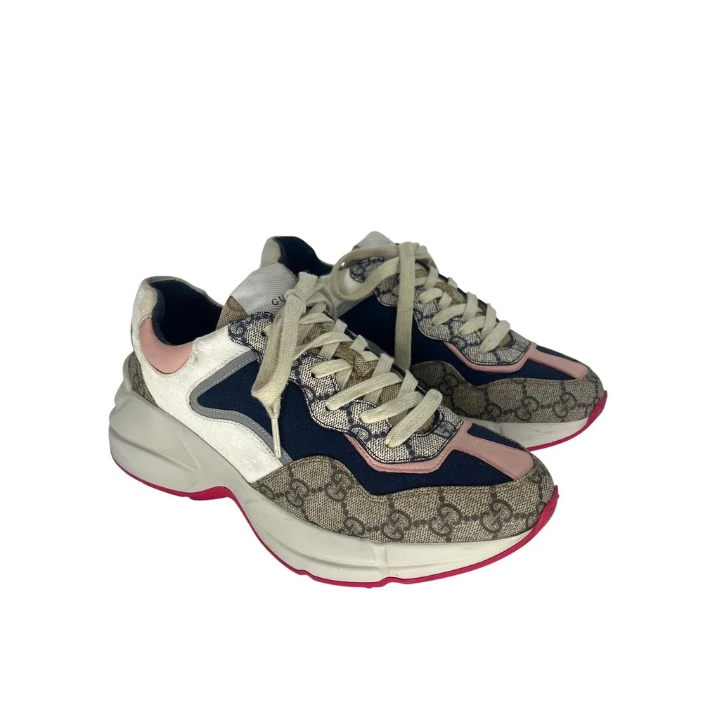 Gucci GG Rhyton Sneakers GG Supreme Canvas Pink Blue‎ Size 38